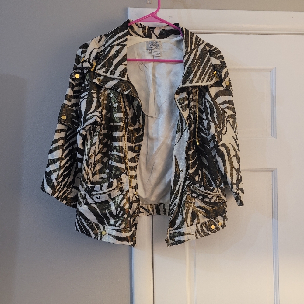 Just B Linen 3/4 Sleeve Bronze/gold Metallic Leaf Pattern Jacket Women's Size M